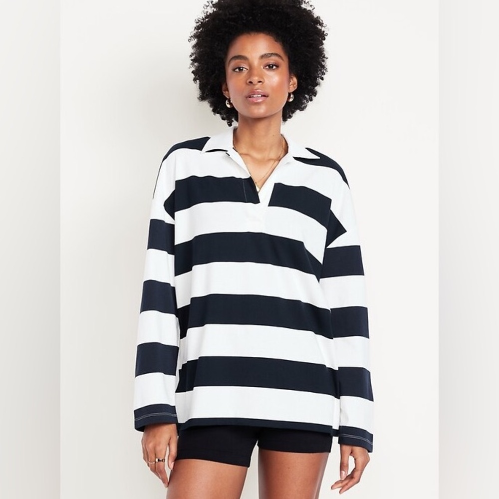 Old Navy Striped Rugby Shirt | Blue & White | Oversized Long Sleeve